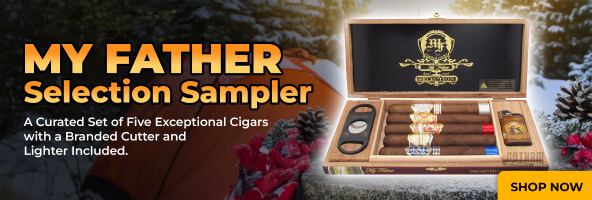 My Father Selection Sampler: A curated set of five exceptional cigars with a branded cutter and lighter included.