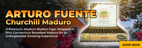 Arturo Fuente Churchill Maduro—a premium, medium-bodied cigar wrapped in rich Connecticut Broadleaf Maduro for an unforgettable smoking experience.